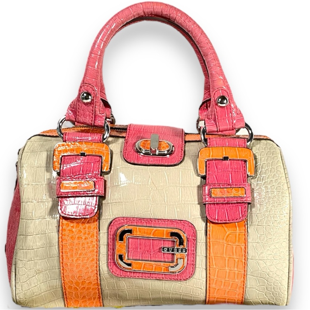 GUESS Medium Size Beige Purse Handbag (patent leather faux croc gator)